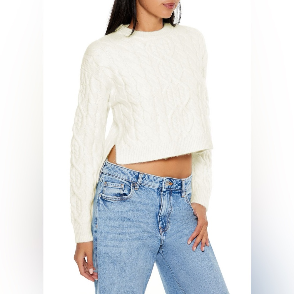 FREE🌟 Cable Knit Chunky Crop Sweater Mock Neck Crew Long Sleeve Top Cream White